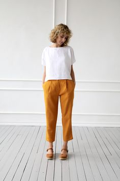 Mustard Pants, Linen Pants Outfit, White Linen Top, Womens Trousers, Cropped Linen Pants, Mustard Color, Apron Dress, Linen Top, Lithuania