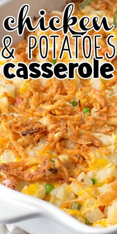 chicken and potato casserole in a white baking dish with the title above it