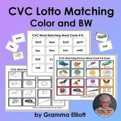 cvc lotto matching color and bw worksheet with pictures on it