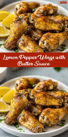 lemon pepper wings with butter sauce on a white plate