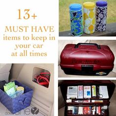 the contents of a car are shown in this collage with text that says must have items to keep in your car at all times