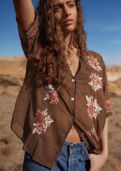 Rosalie Blouse | Pre Order - Buy Now Scalloped Neckline, Ibiza Fashion, Swim Pants, Shell Buttons, Boyfriend Shirt, Swimwear Sale, Clothing Labels, Boho Blouses, Balinese