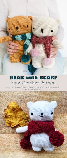 two crocheted teddy bears sitting next to each other with the caption bear with scarf free crochet pattern