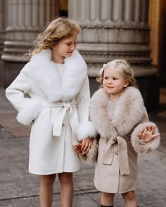 Matching for mom and daughter! Stunning Fall / Winter / Spring Off-White fur coat made from softest cashmere and wool, with luxurious natural fox fur trim at shawl collar and sleeves. A timeless belted peacoat design with double-breasted domed golden button closure and welt pockets. Girls Outwear, Long Fur Coat, White Fur Coat, Embroidered Tulle Dress, Floral Ruffle Top, Ivory Lace Dress, Christening Dress, Mom And Daughter, Christening Gowns