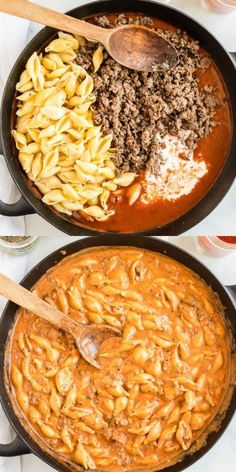 two skillets filled with pasta and ground beef