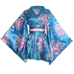 PRICES MAY VARY. !!!Please Use The Size Chart Image on the Left. Do not use Amazon's "Size Chart" link.!!!! -Features: Short Style kimono robe in bright color with Peony pattern, elegant and pretty. simple to wear.Top is separated from the skirt.Wide belt and large bow.Blue string adorns the waist.Collars and hemlines are decorated with white lace.If the v-neck is deep, a black cloth covers the front chest.No embarrassment. -Material： Made of 100% Polyester. light weight and airy and satin soft Japanese Dress Traditional Kimono Japan, Japanese Dress Traditional, Kimono Outfit Japanese, Short Kimono Dress, Witch Fancy Dress, Short Skirts Outfits, Kimono Japan, Kimono Outfit, Blue Kimono