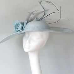 Royal Ascot Hat, Pale Blue Wide Brimmed Hat, Kentucky Derby Hat, Mother of the Bride Hat, Occasion , Tea Party Hat - Etsy Light Blue Hat For Royal Ascot Races, Sinamay Hat With Curved Brim For Garden Party, Fitted Light Blue Hat For Royal Ascot, Light Blue Fitted Hat For Royal Ascot, Light Blue Mini Hats For Kentucky Derby, Elegant Light Blue Hat For Races, Fitted Light Blue Hat With Curved Brim, Light Blue Fitted Hat With Curved Brim, Sinamay Mini Hat With Curved Brim For Garden Party