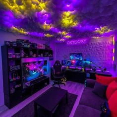 a living room filled with furniture and purple lighting