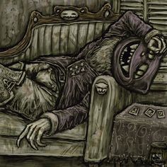 a drawing of a man laying on top of a couch with his mouth open and eyes wide open