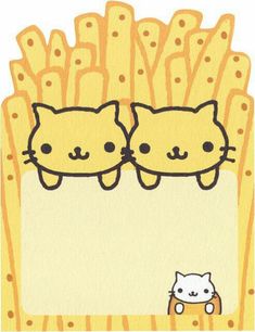 two cats sitting on top of french fries with a white cat next to them,