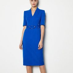 Bnwt, Karen Millen's Popular Forever Dress With Unique Short Sleeves And Waist Adornment-- Really Cinches In Waist Blue Belted Fitted Dress, Blue Fitted Belted Dress, Royal Blue Knee-length Formal Midi Dress, Royal Blue Midi Dress For Work In Spring, Classic Blue Workwear Dress, Tailored Chic Blue Dress, Classic Blue Dress For Work, Satin Ruffle Dress, Karen Millen Dress