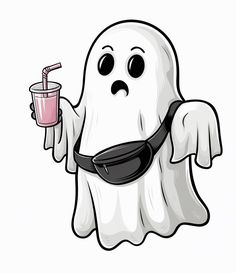 a cartoon ghost holding a drink and wearing a fanny bag with a straw in it's mouth