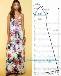 a woman in a floral print dress is next to the measurements for her long gown