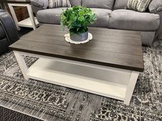 a coffee table with a potted plant on it in front of a gray couch