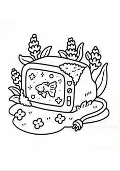 a drawing of an old tv with flowers and plants on it, in black and white