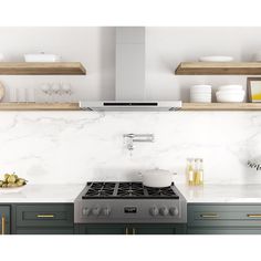 a stove top oven sitting inside of a kitchen next to wooden shelves and counter tops