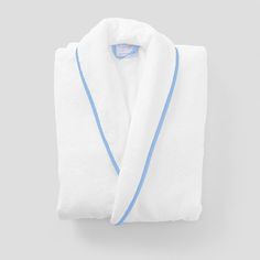 Consider your terry robe upgraded: luxe piping, sleeves that can be rolled and buttoned (so they don’t get soaked), a slim collar for mess-free face masking, pockets and an attached tie that won’t get lost in the wash. Offered in soft white terry with colored piping to match your favorite Bath Towel. White Linen Bath Robe, White Company Hydro Cotton Robe, Bath Robes Fluffy, Roblox Layered Bath Robe Code, Robe Favor, Personalized Toiletry Bag, Household Gifts, Terry Robe, Luxury Robes