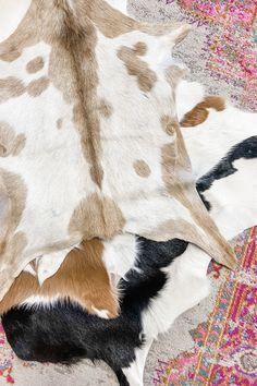 a cow laying on top of a rug covered in animal hides and fur covering it's back