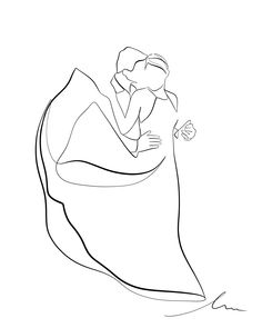 a black and white line drawing of a man hugging a woman in a flowing dress