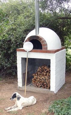 a dog is laying in front of an outdoor pizza oven with wood stacked inside it