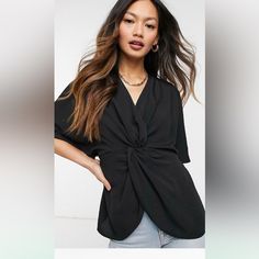 Asos Design Black Knot Front Top Size: 2 Never Been Worn Versatile Black Blouse For Day Out, Knot Front Top, Traditional Japanese Kimono, Kimono Blouse, Black Kimono, Asos Tops, Kimono Sleeves, Asos Curve, Plain Tops