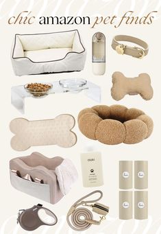 an assortment of items that include dog beds, collars, and other personal belongings