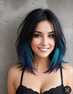 Black And Colored Hair Underneath, Tasteful Colored Hair, Touch Of Color Hair, Blue Ends On Brown Hair, Ways To Hide Grey Hair, Short In Front Long In Back Hair, Black Hair With Blue Streaks, Teal Peekaboo Hair, Short Female Hairstyles