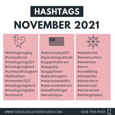 the hashtags for november and november are shown in pink, black and white