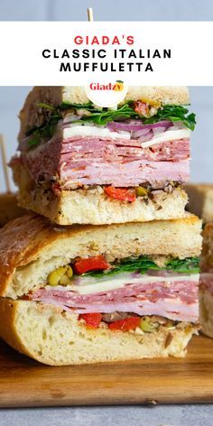 two sandwiches stacked on top of each other with text overlay reading gladia's classic italian muppettta