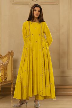 Shop for these amazing collections of Yellow Chiniya Silk Hand Embroidered Butti Motifs Anarkali And Pant Set For Women by Paulmi and Harsh online at Aza Fashions. Paulmi And Harsh, Silk Anarkali, Yellow Fits, Designer Dresses Casual, Indian Fashion Designers, Fashion Attire, Indian Outfit, Casual Chic Outfit, Kurta Set