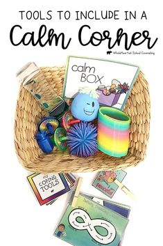 a basket filled with toys and cards on top of a table