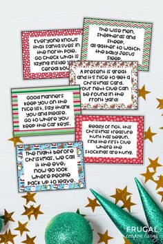 four christmas themed printables with stars on the side and green ornaments around them