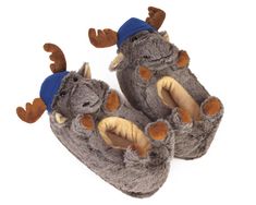 How did these adorable Moose put blue knit beanies on over their antlers? Nobody knows for certain, but they sure are cute! These Moose Slippers are ready for the winter, and you will be too, as they're just as cozy as they are adorable. The moose look is complete with antlers, cute li'l ears, and four adorable hooves. Moose Animal, Slippers For Kids