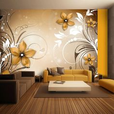 the living room is decorated in yellow and brown tones with flowers on the wall behind the couch