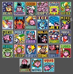 an image of some video game characters with different colors and logos on them, all in squares