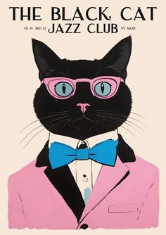 a black cat wearing glasses and a pink suit with a blue bow tie on it