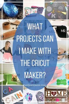 the words what projects can i make with the cricut maker? in blue and white