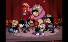 cartoon characters playing musical instruments on stage