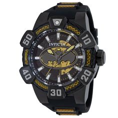 This eye-catching Invicta watch from the DC Comics collection is powered by an accurate Automatic movement, black case. Its face is decorated by a black, yellow , metal, carbon fiber dial, and protected by a sturdy Flame Fusion Crystal. A black, yellow , silicone, glass fiber band completes this timepiece that can resist water for up to 100 m. Launched into the stratosphere in 1934, the universe of DC Comics has taken fans to the realms of limitless adventure for more than 80 years. With the deb Collectible Black Watch With Subdials, Black Collectible Watches With Subdials, Dc Comics Collection, Mens Invicta Watches, Premium Watches, Invicta Watches, Comic Collection, Men's Watches, 80 Years