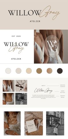 A luxury fashion brand identity project for Willow Gray Atelier by Studio Krista. Rebranding Fashion Brand, Luxury Brand Mood Board Inspiration, Cloth Branding Design, Luxury Brand Ideas, Fashion Branding Ideas, Luxury Brand Identity Colors, Luxury Brand Moodboard, Moodboard Clothing Brand