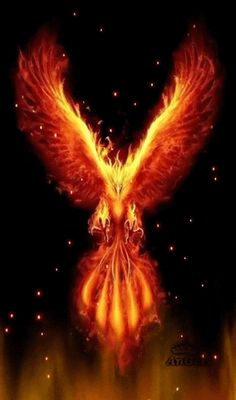 a fire bird flying through the air with its wings spread out and glowing in the dark