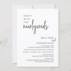 a white card with the words party with the newlyweds written in black on it