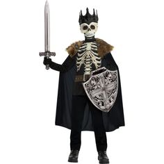 They can transform into the darkest of rulers in a Dark King Skeleton Costume for kids! The costume includes a black shirt, a black cape with a fur collar, and a skeleton mask with a crown. Halloween Costumes For Boys 8-10, Halloween Costumes For Boys 10-12, King Costume For Kids, King Halloween Costume, King Skeleton, Dark Knight Costume, Boys Halloween Costumes, Knight Halloween Costume, Costume Chevalier