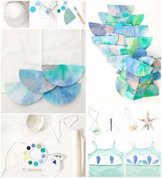 paper plates and other crafting supplies are arranged in this collage with blue, green and white colors