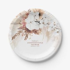 a white plate with flowers on it that says, today is the anniversary shower