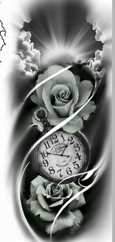 an artistic tattoo design with roses and a clock on the side of it, in black and white