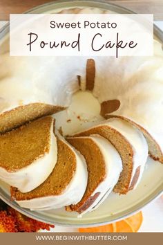 sweet potato pound cake with cream cheese frosting and pumpkins in the back ground