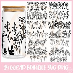 Glass Can Wrap Svg Free, Can Wrap Svg, Cricut Projects Easy, Tumbler Svg, Glass Can Wrap, Floral Tumbler, Flower Cup, Cup Wrap, Libbey Glass