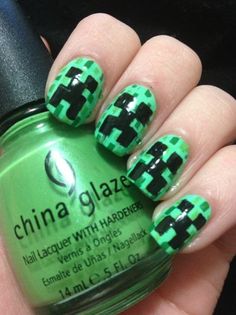 Epic Nail Time: Minecraft Creeper Nail Art & Tutorial! :D Like this. Unicorn Nails Designs, Nail Art For Kids, China Nails, Nail Art Pictures, Super Cute Nails, Nail Time, Cute Nail Art