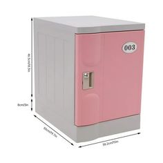 a pink and grey storage box with the measurements